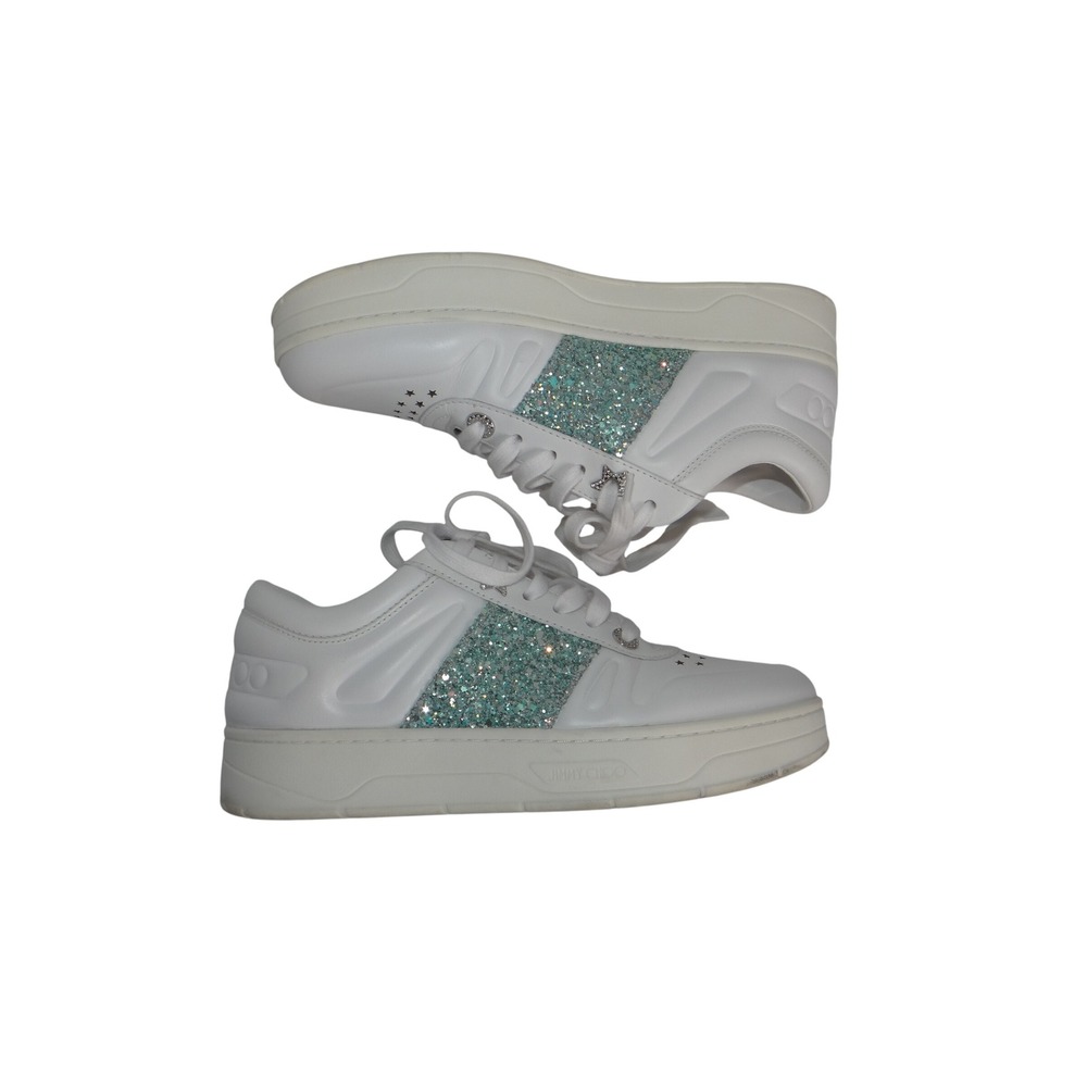 Jimmy Choo White Leather Teal Glitter Star Platform Sneakers 38.5 4224-c-lisa